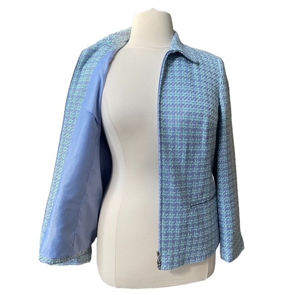 Vintage by Sag Harbor Blue Tweed Full Front Zip Up Blazer Size: 14 - Picture 3 of 9